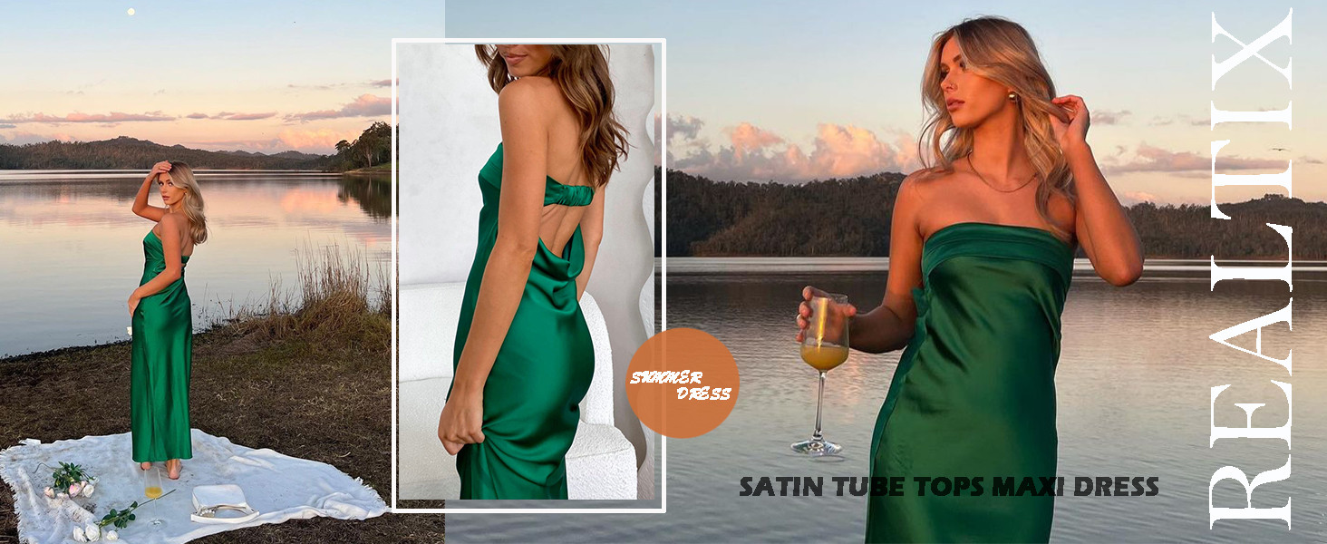 Satin Silk Backless Tube Tops Maxi Dress for Women Low Back Hollow Out Elegant Strapless Long Dre... | Amazon (US)