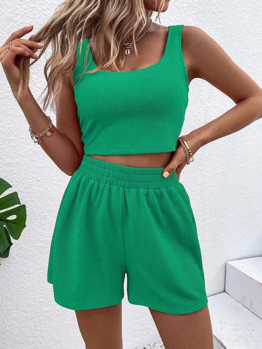 Breezaya Solid Ribbed Knit Tank Top & Shorts | SHEIN