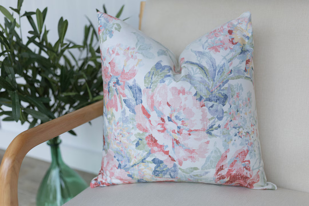 Blue Floral Throw Pillow Cover: Pink Flower Accent, 18x18 - Etsy | Etsy (US)