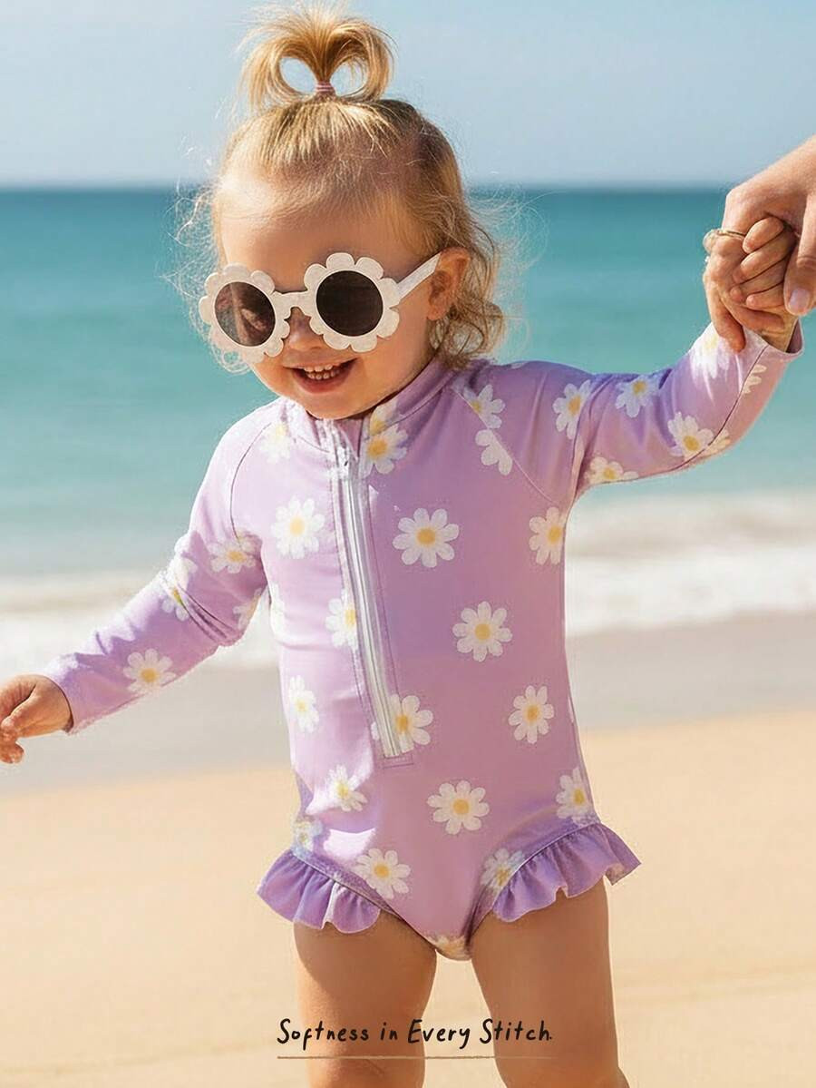 Baby Girl Floral Print Long Sleeve Zipper Swimsuit For Beach Vacation | SHEIN