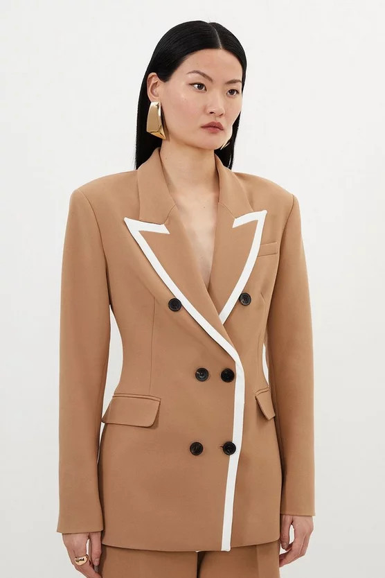 Compact Stretch Contrast Tipped Tailored Double Breasted Blazer | Karen Millen US
