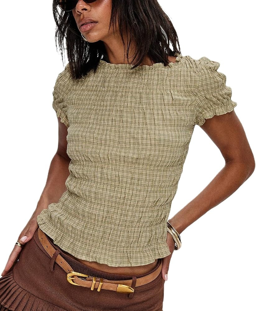 Womens Y2K Smocked Shirt Shirred Short Sleeve Crewneck Crop Top Ruffle Hem Going Out Tee Top | Amazon (US)