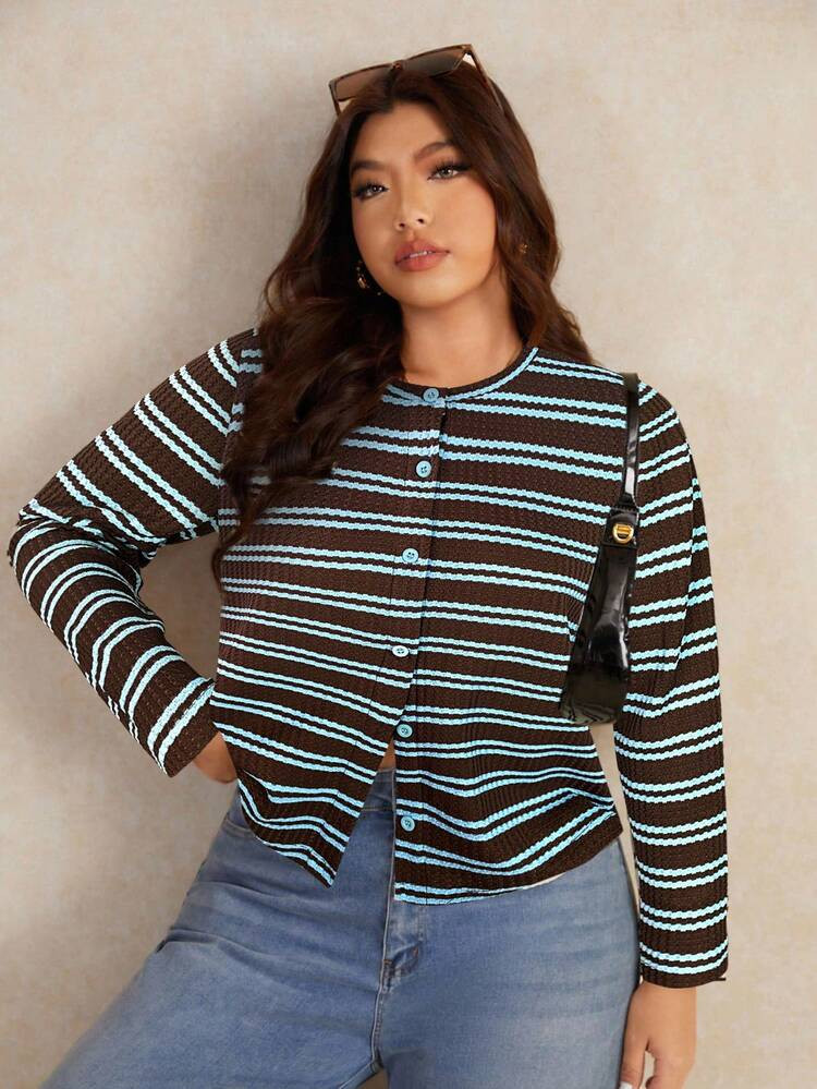Elaquor Plus Size Women Striped Round Neck Long Sleeve Single-Breasted Casual T-Shirt Spring | SHEIN