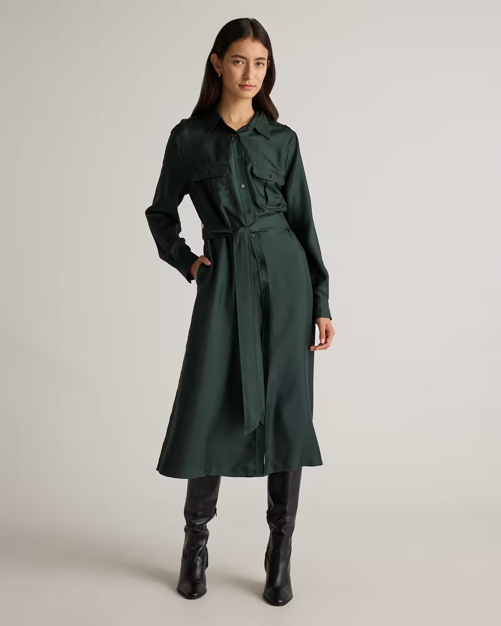 100% Silk Twill Utility Shirt Dress | Quince