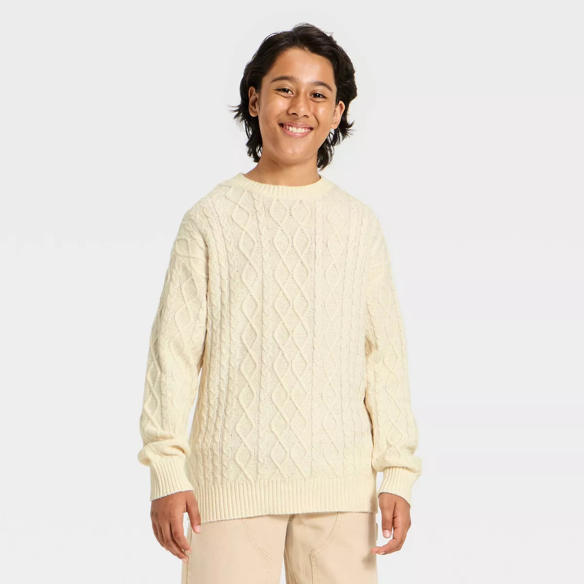 Boys' Cable Knit Pullover Sweater - art class™ Cream L | Target
