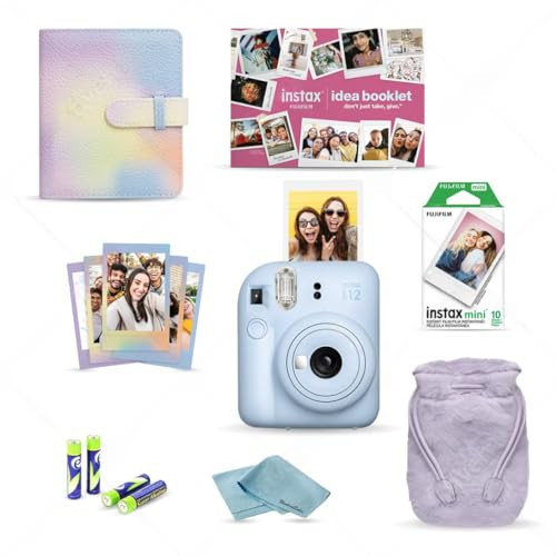 FujiFilm INSTAX Mini 12 (2024) Holiday Bundle + 4 AA Battery Pack + BluebirdSales Microfiber Cleaning Cloth (Pastel Blue) | Amazon (US)