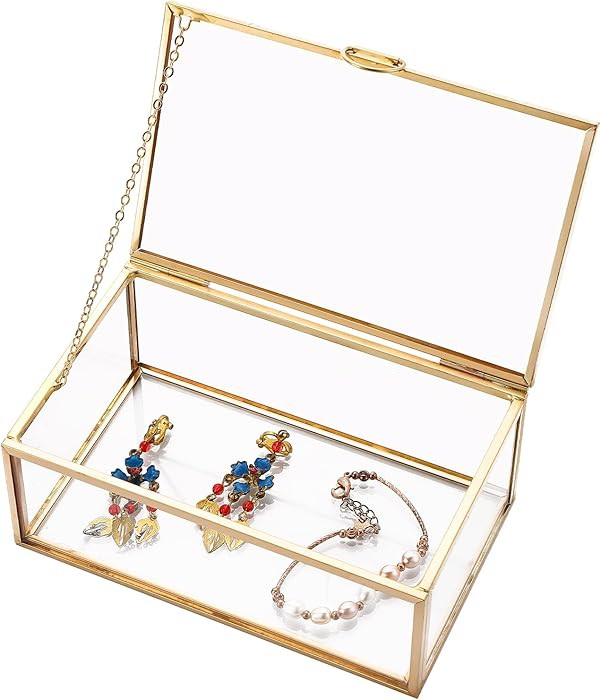 AMGSH Small 5.7" Golden Vintage Glass Keepsake Box | Jwelry Lidded Box Decorative Glass Boxes for... | Amazon (US)