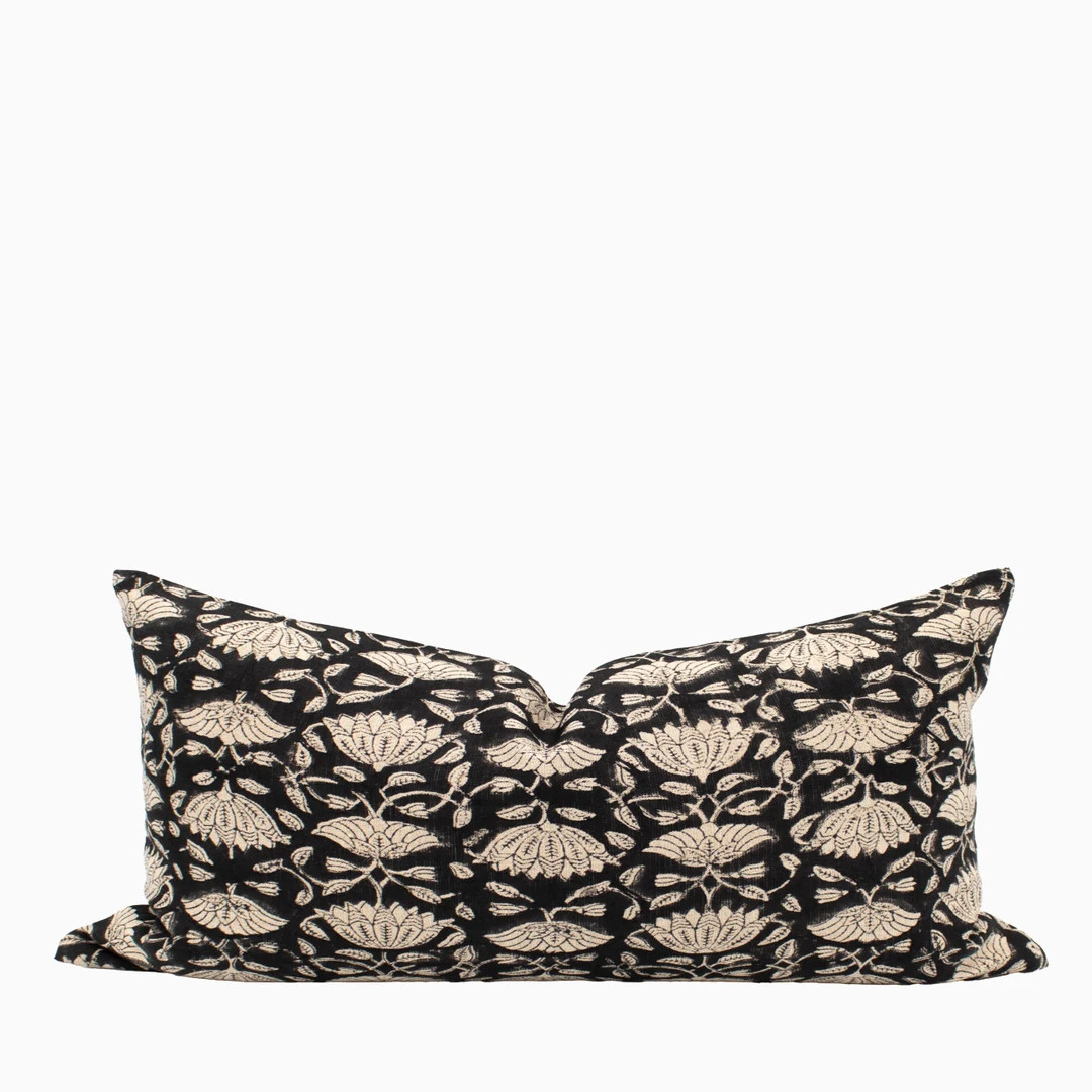 Black Throw Pillow Flower Block Print Lumbar Floral Block Pattern Antique Inspired Long Sofa Pill... | Etsy (US)