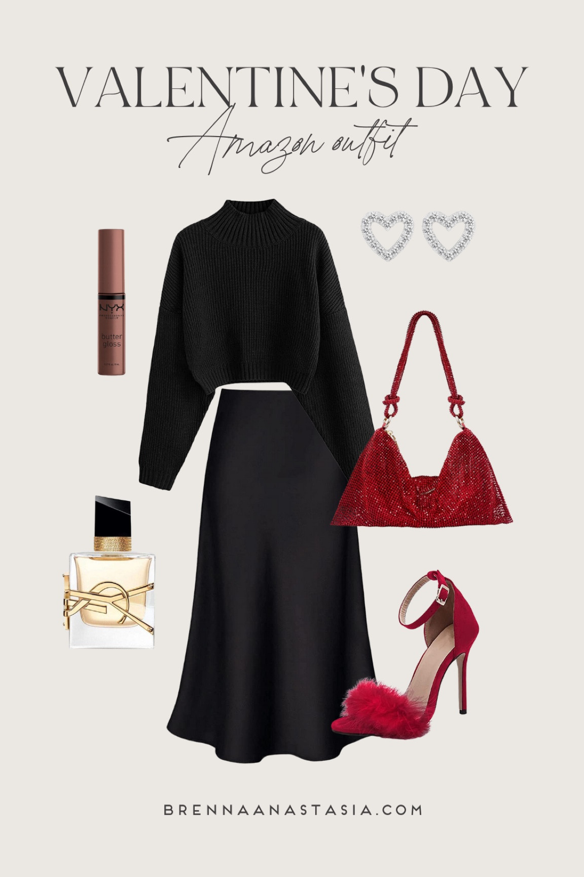 Valentine’s Day Outfit, Amazon Outfit, Black Skirt, Satin Skirt, Black Sweater, Red Heels, YSL perfume, Red bag, Sequin Bag, NYX lipgloss 

#LTKbeauty #LTKwedding #LTKunder50