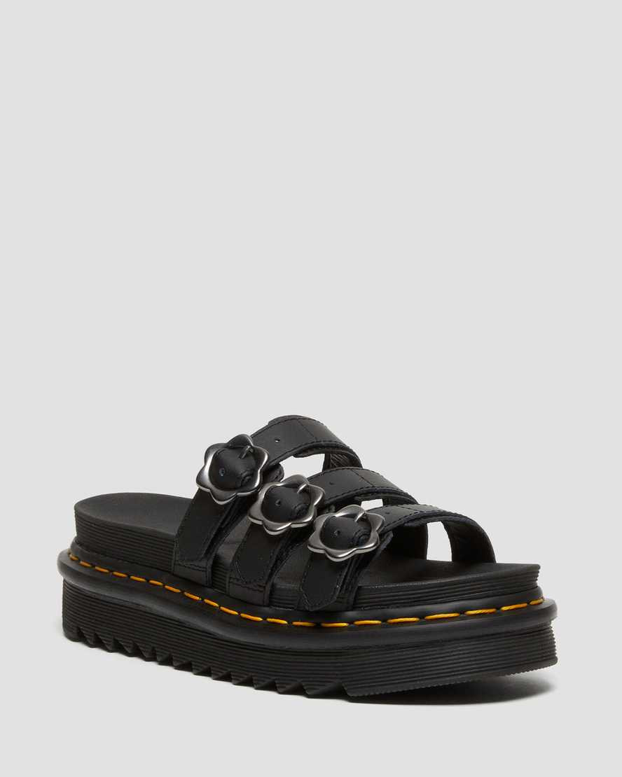 Dr. Martens, Women's Blaire Flower Buckle Leather Slide Sandals in Black | Dr. Martens