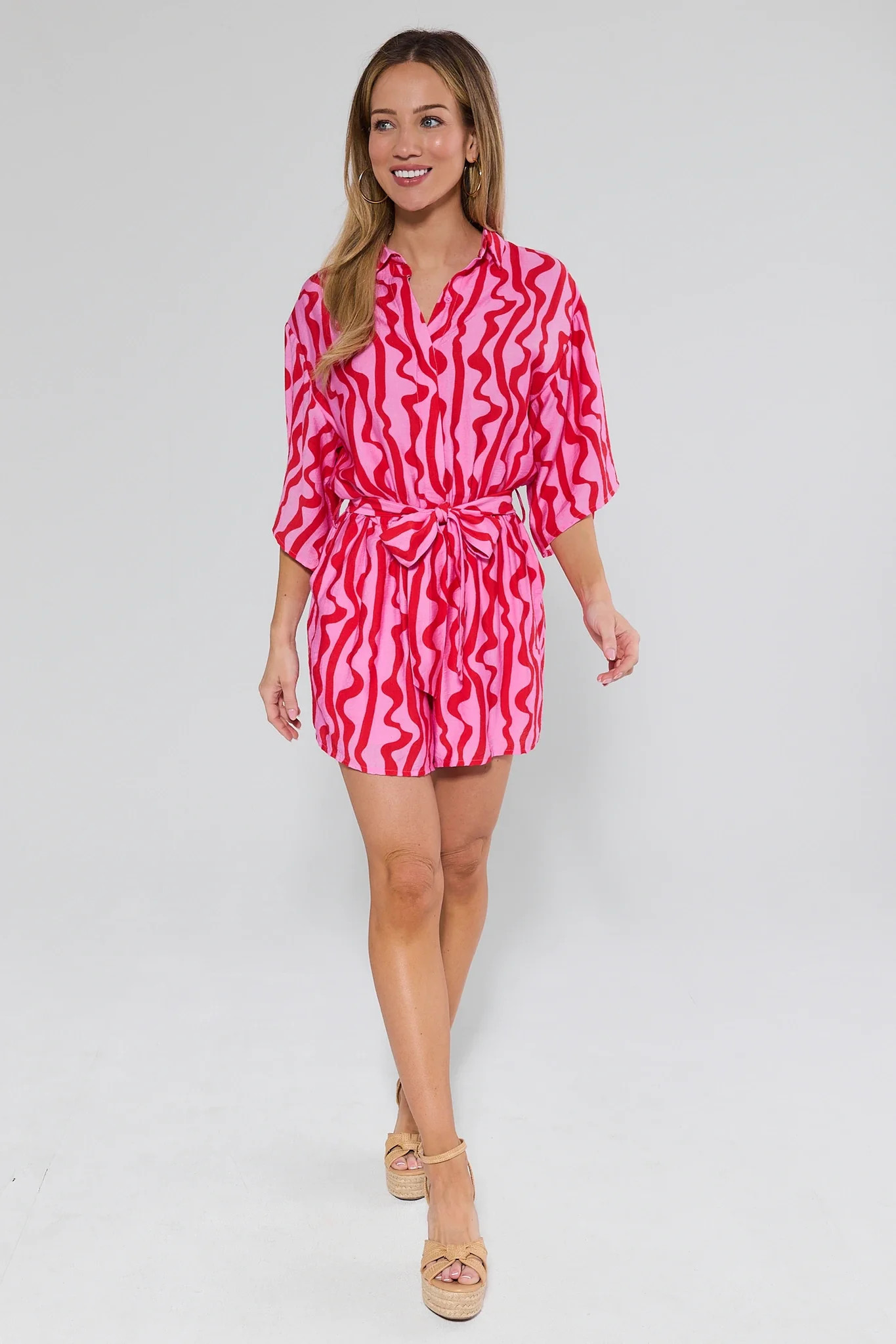Mitzi Pink Printed Belted Romper | Avara