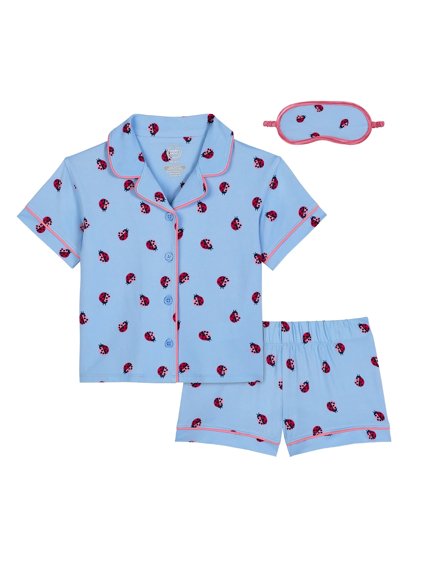 Wonder Nation Girls Short Sleeve Button Front Pajama Top and Shorts Set with Eyemask, 3-Piece, Si... | Walmart (US)