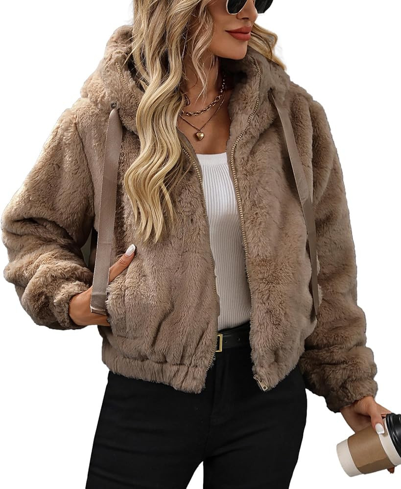 Women's Faux Fur Crop Coat Full Zip Fleece Sherpa Jacket with Hood | Amazon (US)