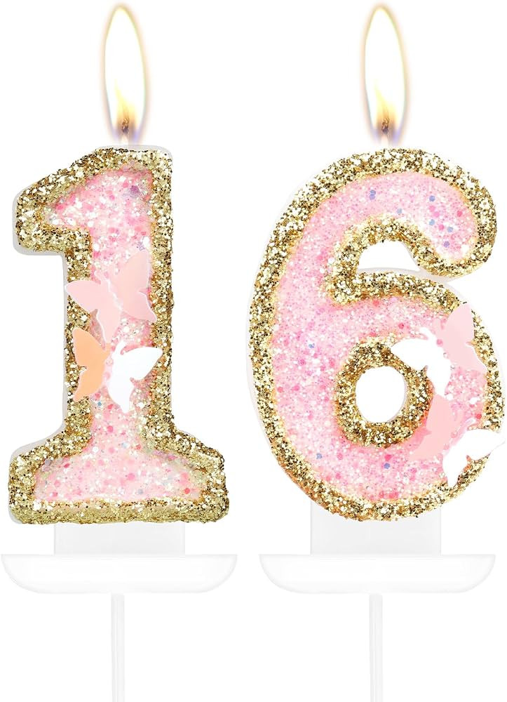 Birthday Candle,Butterfly 16th Birthday Party Decorations for Women/Girl,Gold Pink Birthday Numbe... | Amazon (US)