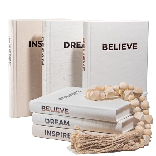 Dabster Guys Decorative Books for Home Decor - Linen Decor Books with Inspirational Design - Shelf Decoration - Blank Pages, Foil-Stamped Cover - with Hemp Rope, Wood Bead Garland - Set of 3 (Beige) | Amazon (US)