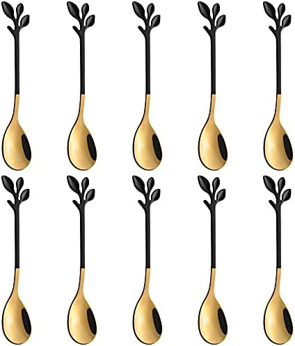 Coffee Spoon with leaf handle, AnSaw 10 Pcs 4.7" teaspoons, Creative Black & Gold Dessert Spoons,... | Amazon (US)