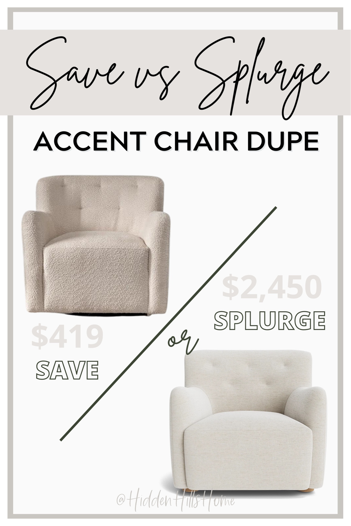 Accent chair dupe, home decor save or splurge, affordable chairs, high vs low price point 

#LTKHome #LTKSaleAlert