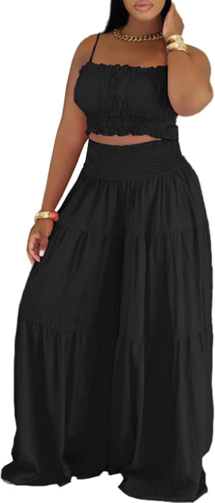 Ophestin 2 Piece Sets for Women Summer Smocked Sleeveless Crop Top Wide Leg Pants Matching Sets S... | Amazon (US)