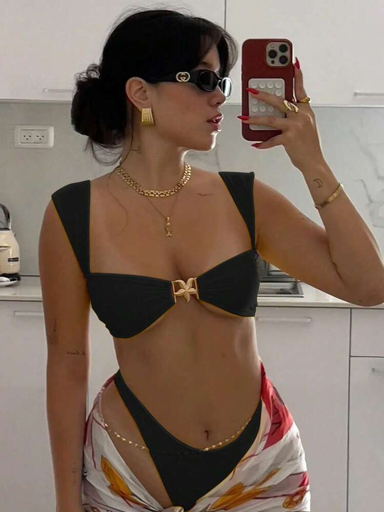 New Arrival Women's Sexy Casual Black Wide Strap Starfish Decor Bikini Set Set, Suitable For Beach, Holiday, Party, Date | SHEIN