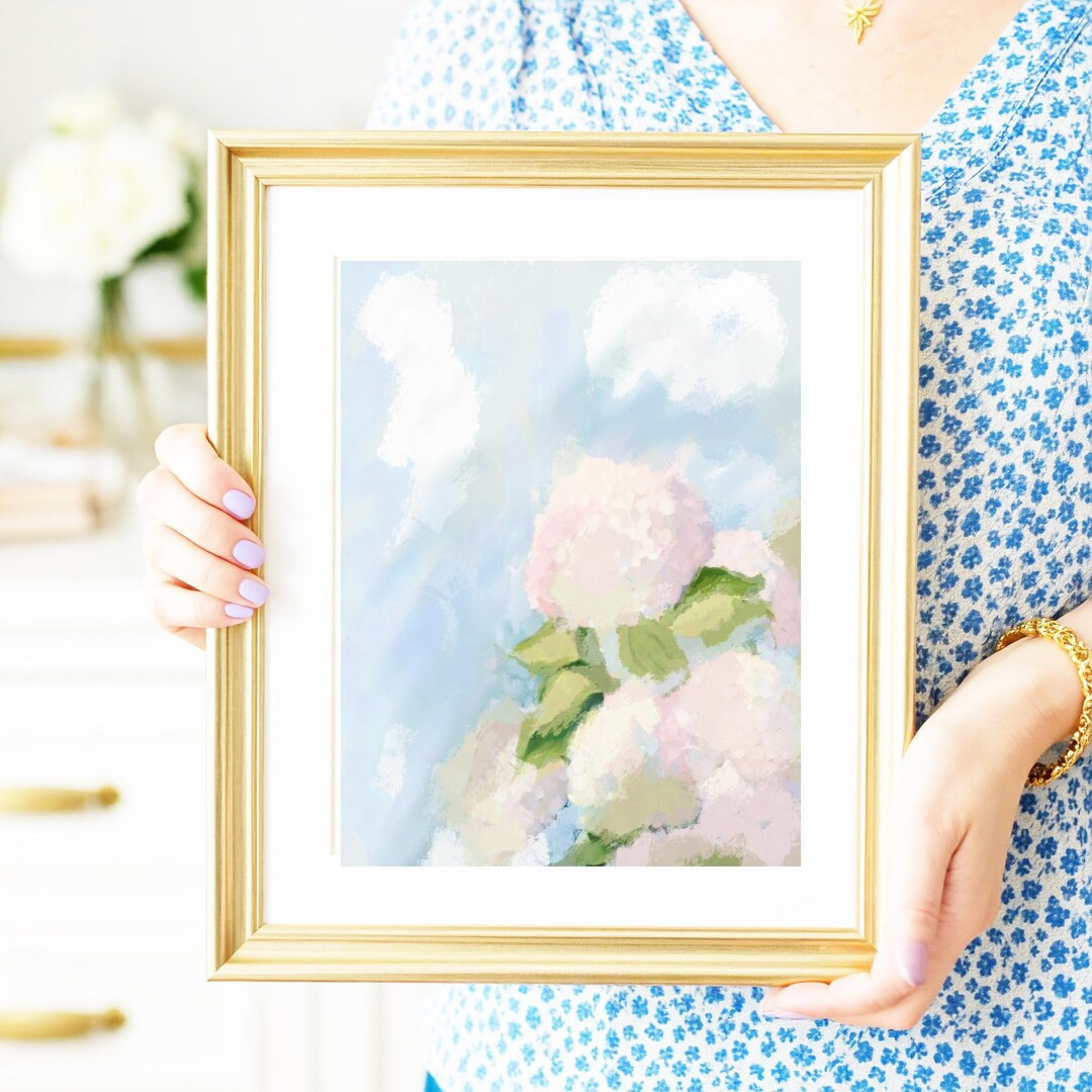 Grandmillenial Wall Decor Nursery Pastel Hydrangea Blue Pink Digital Art Print Floral Vintage Oil... | Etsy (US)