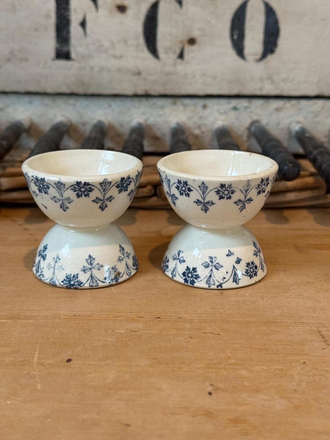 Pair of French Vintage Ironstone Egg Cups – Blue Floral Transferware – Antique Ceramic Egg Ho... | Etsy (US)