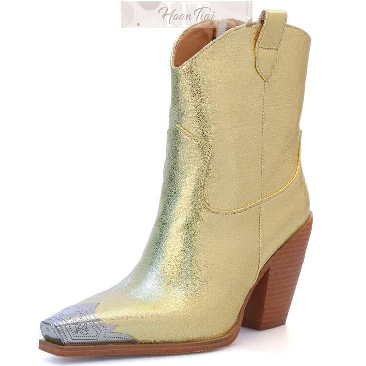 HoanTiai Womens Western Ankle Boots Engraved Metal Toe Cowgirl Booties Stacked Block Heeled Cowbo... | SHEIN