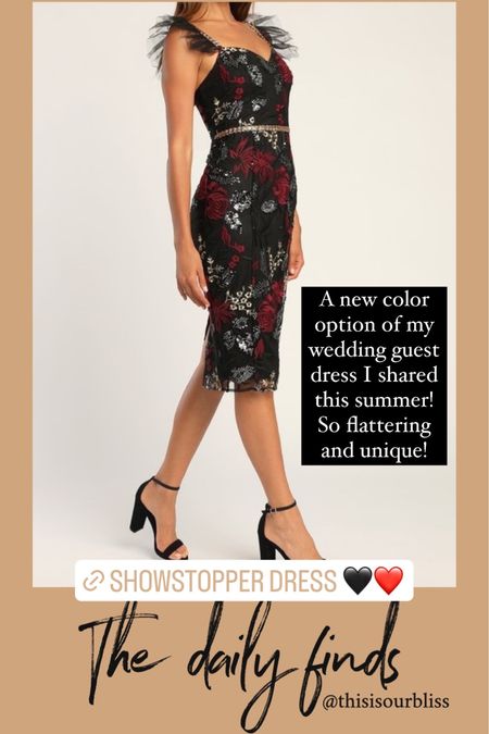 Fall wedding guest dress // black floral dress with sequin and embroidery detail with mesh detail on the shoulders (runs tts, but if in between size up) I wear size small in this dress // Wedding guest dress idea // lulus wedding // lulus dress 

#LTKunder100 #LTKSeasonal #LTKwedding