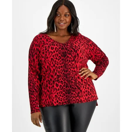 Leopard-Print V-Neck Sweater Red Leopard 2X | Walmart (US)