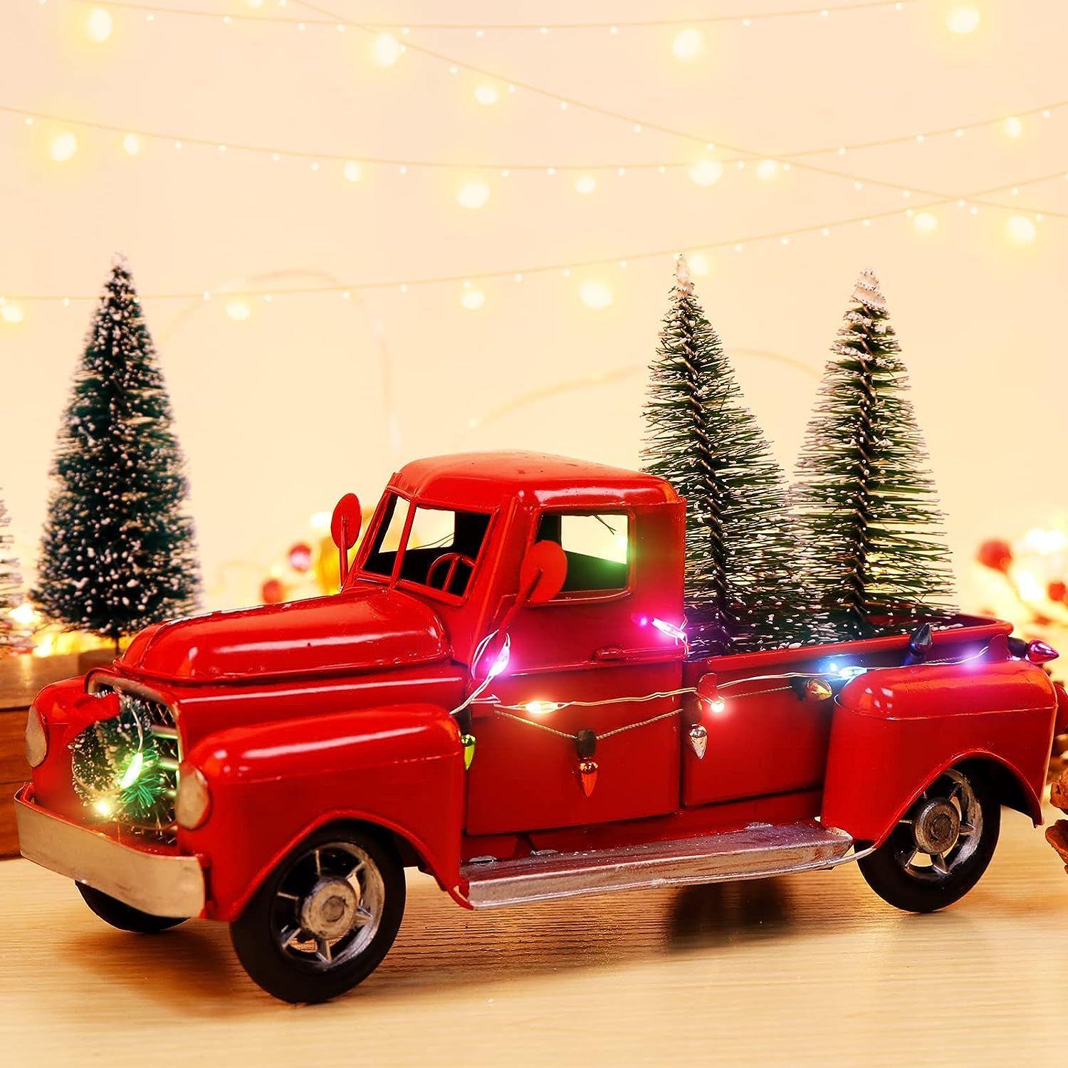 Amazon.com: AerWo Christmas Farmhouse Red Truck Decor, LED String Lights Vintage Red Metal Pickup... | Amazon (US)