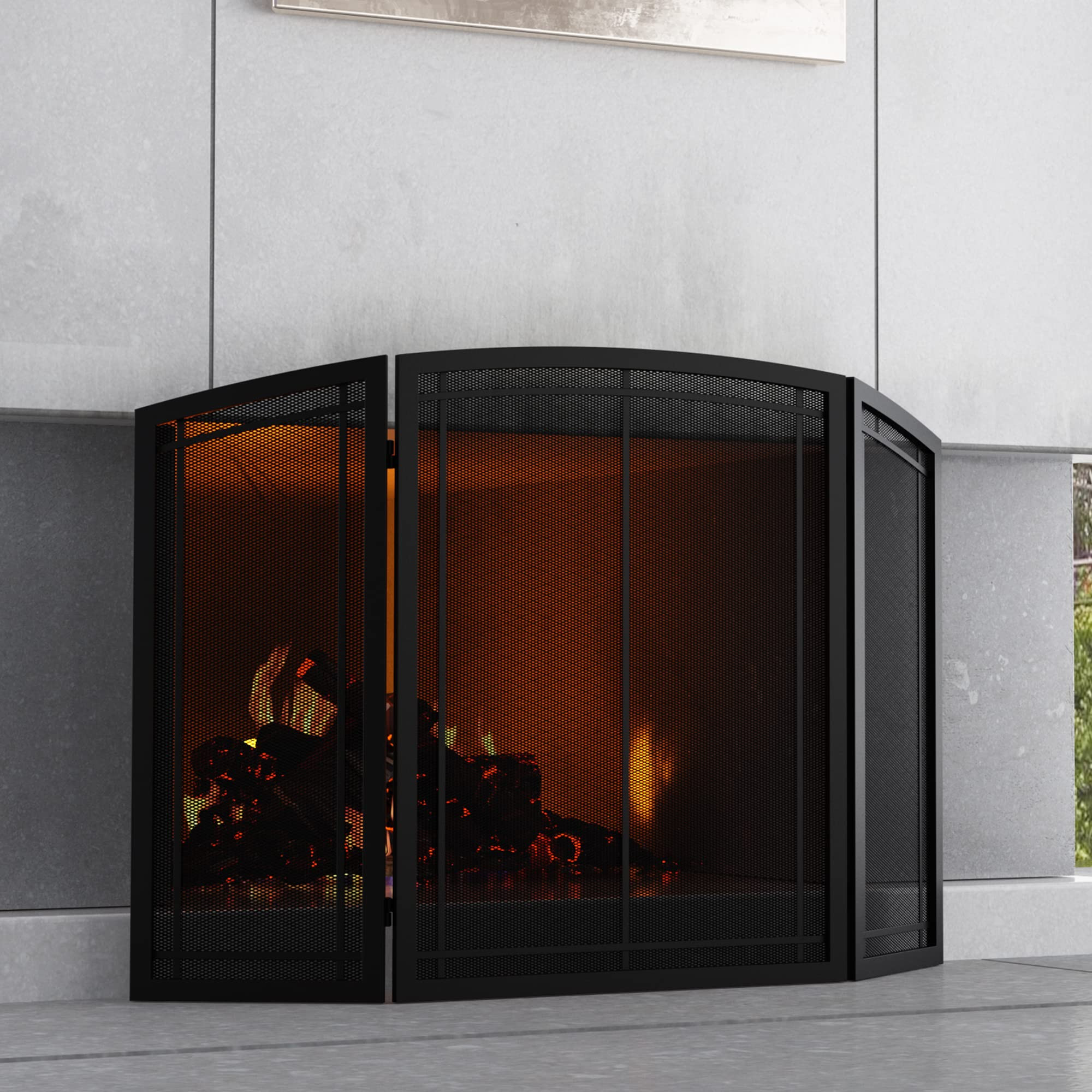 FireBeauty Fireplace Screen 3 Panel Wrought Iron Black Metal 48"(L) x30(H) Spark Guard Cover (Mod... | Amazon (US)