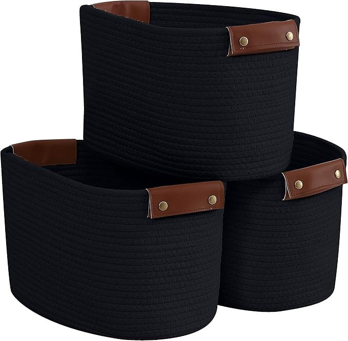 Organizix 3 Pack Cotton Rope Storage Basket Woven Shelf Storage Bin with Faux Leather Handles, De... | Amazon (US)