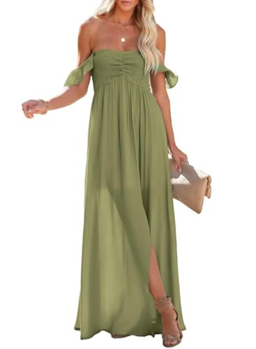 Happy Sailed Dresses for Women Off The Shoulder Maxi Dress Summer Spring Boho Dress Party Beach Sundress Olive Green Small | Amazon (US)