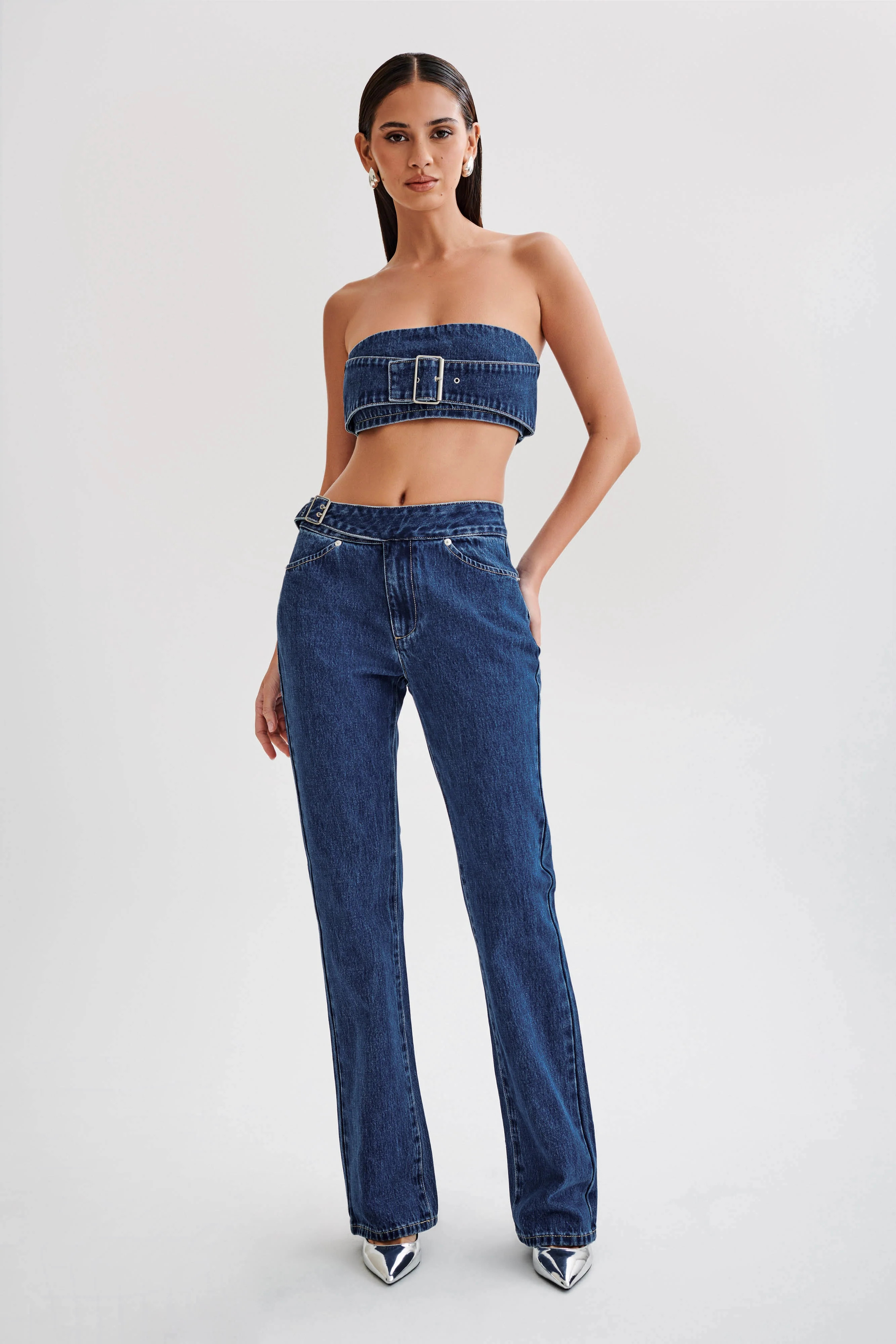 Romona Low Rise Buckle Denim Jean - Dark Blue | Meshki (APAC)
