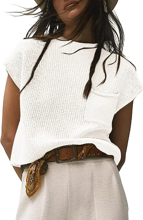 Langwyqu Womens Cropped Sweater Vest Mock Neck Cap Sleeve Casual Sleeveless Knit Pullover Solid V... | Amazon (US)