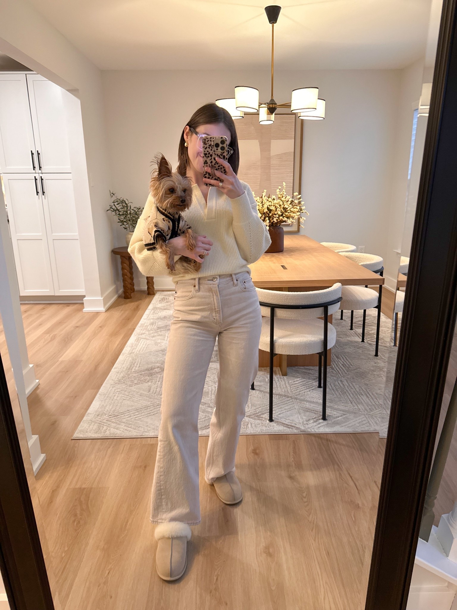 Collared cream knit sweater 

Abercrombie High Rise 90s Relaxed Jean in oat size 25s tts but kinda wish I did 25r for extra length with this style but they work great with flats 

Ugg Scuffette slippers tts

Easton’s little cardigan is from Amazon! It has little teddy bears and he looks unbelievably adorable in it🐶🐾

Abercrombie, Abercrombie denim, relaxed jeans, high rise jeans, tan jeans, cream sweater, collared sweater, dog sweater, small dog shirt

#LTKSaleAlert #LTKootd #LTKPetite