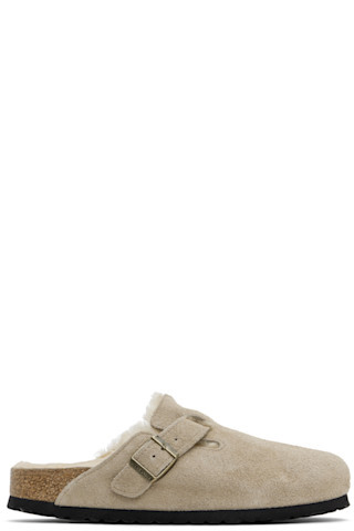 Taupe Narrow Boston Shearling Slip-on Loafers | SSENSE
