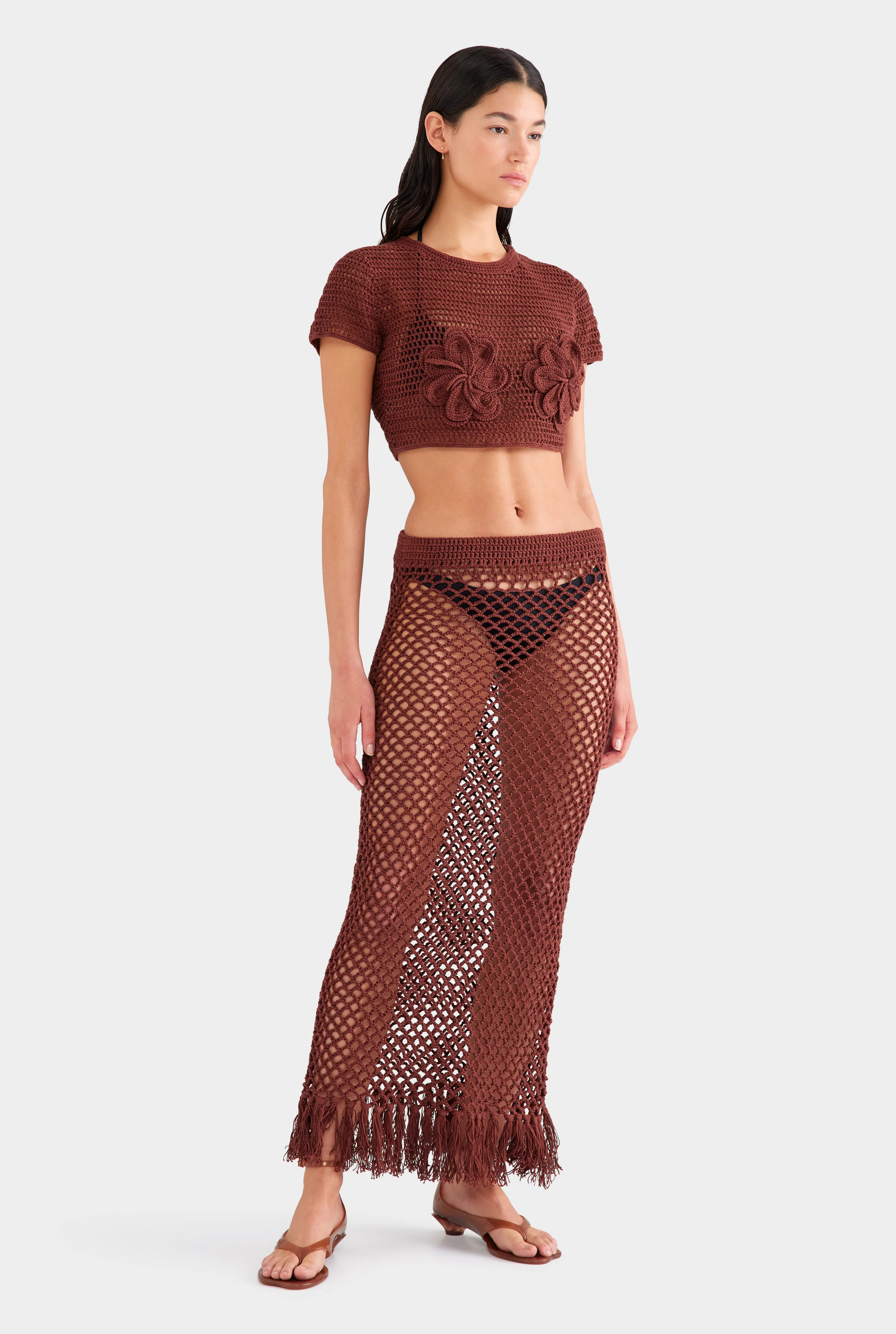 Womens Fringed Crochet Cotton Midi Skirt in Chocolate | Venroy | Venroy AU