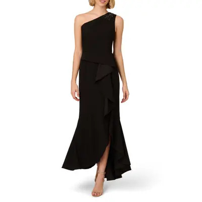Adrianna Papell Beaded One-Shoulder Crepe Gown in Midnight at Nordstrom, Size 16 | Nordstrom