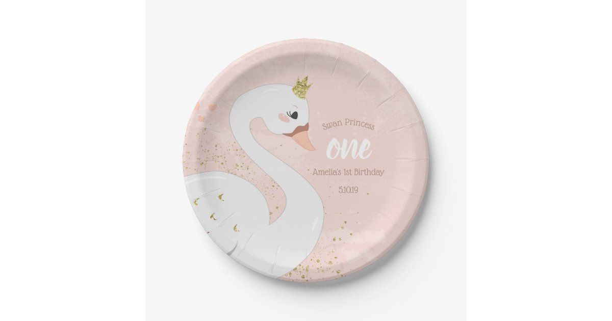 Swan Birthday Party Paper Plate |  Pink and Gold | Zazzle | Zazzle