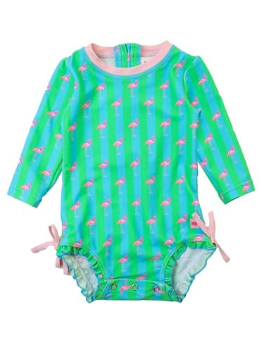 RuffleButts Baby Girls UPF 50+ Sun Protection Tropical Print Long Sleeve One Piece Rash Guard Swimsuit with Zipper - Neon Flamingo Stripe, 0-3m | Amazon (US)