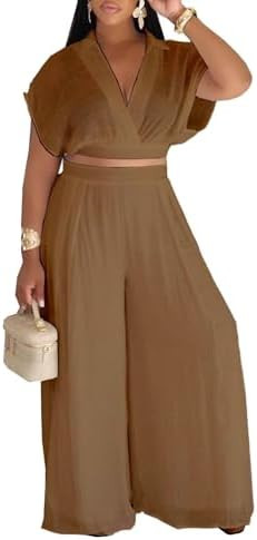 KEYUFANG Women's Summer 2 Piece Outfits Wrap V Neck Crop Top and Wide Leg Pants Sets Casual Vacat... | Amazon (US)