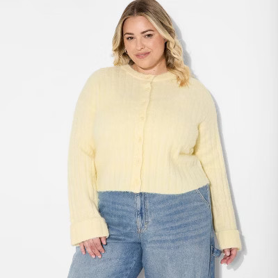 Women's Ribbed Crewneck Cardigan - Wild Fable™ Light Yellow 1X | Target