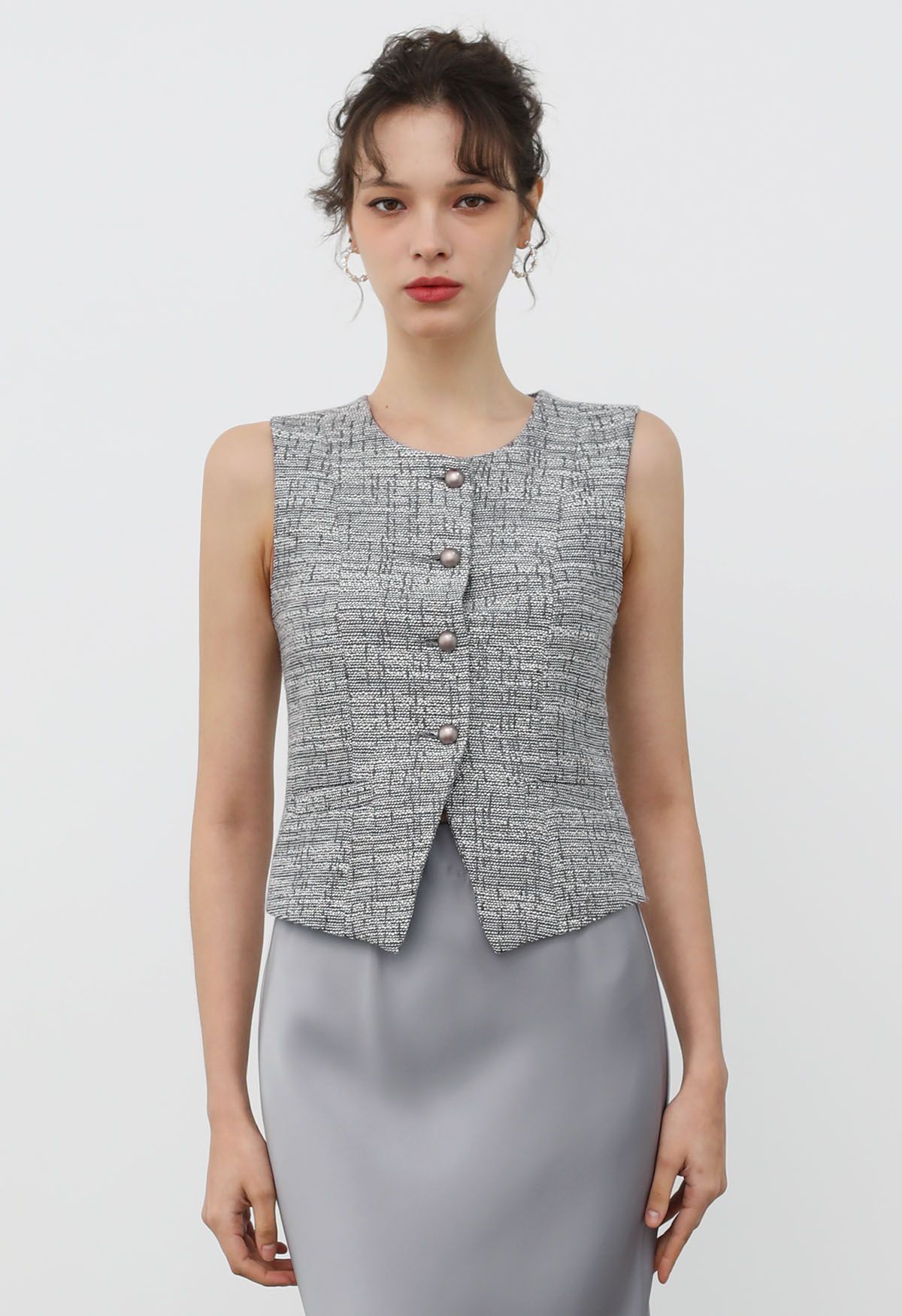 Swanky Button Down Tweed Vest in Grey | Chicwish