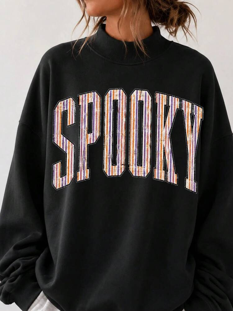 Striped Spooky Mockneck Sweatshirt  Halloween Mockneck Retro Spooky Season Sweatshirt Girly Hallo... | SHEIN
