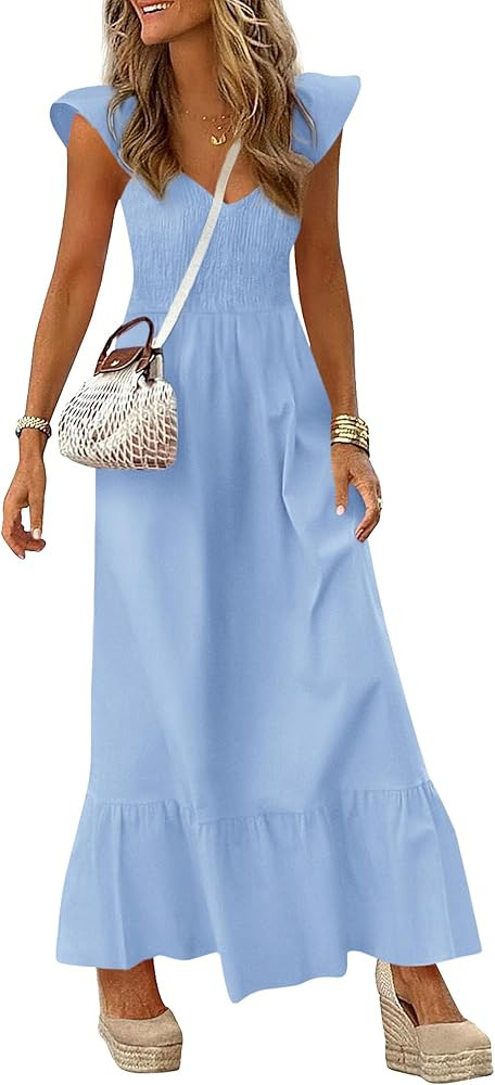 PRETTYGARDEN Women's 2026 Summer Casual Maxi Dresses Cap Sleeve V Neck Smocked Long Pockets Party... | Amazon (US)