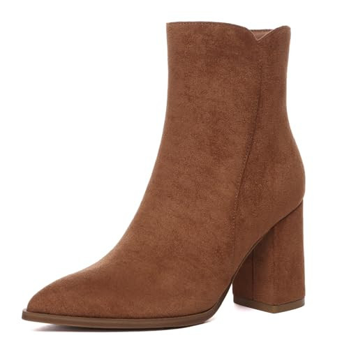 Athlefit Women's Heeled Ankle Boots Fashion Pointed Toe Chunky Heel Side Zipper Short Suede Brown Boots Size 9.5 | Amazon (US)