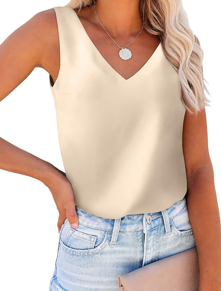 SAMPEEL Womens Tank Tops V Neck Silk Satin Blouses Sleeveless Camisole Tank Top Summer Tops | Amazon (US)