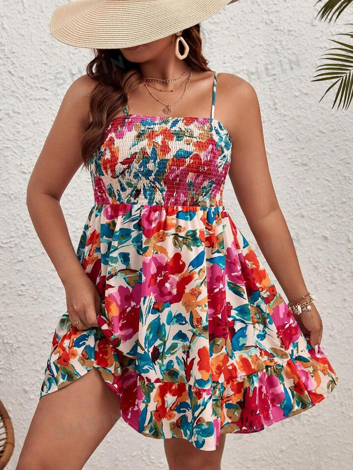 SHEIN WYWH WYWH  Women Vacation Spring Break Plus Floral Print Ruffle Hem Cami Flower Dress | SHEIN