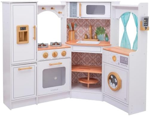KidKraft Ultimate Corner Wooden Play Kitchen with Lights & Sounds, Play Phone and Curtains, White | Amazon (US)
