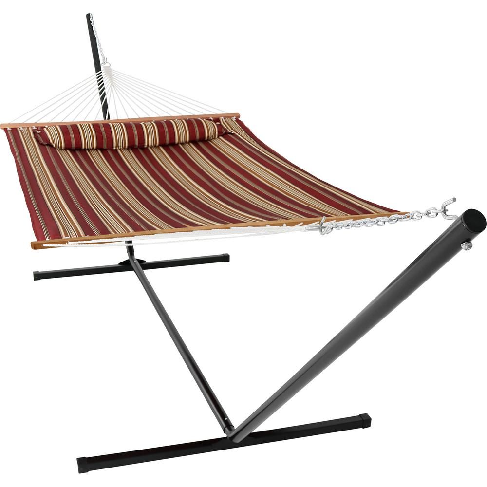 Sunnydaze Decor 10-1/2 ft. Quilted Fabric Hammock with 15 ft. Hammock Stand in Red Stripe | The Home Depot
